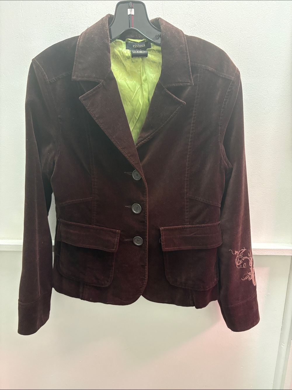 Evisu Women's Chocolate Velvet Blazer with Lime Satin Lining